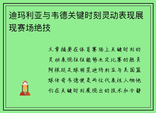 迪玛利亚与韦德关键时刻灵动表现展现赛场绝技