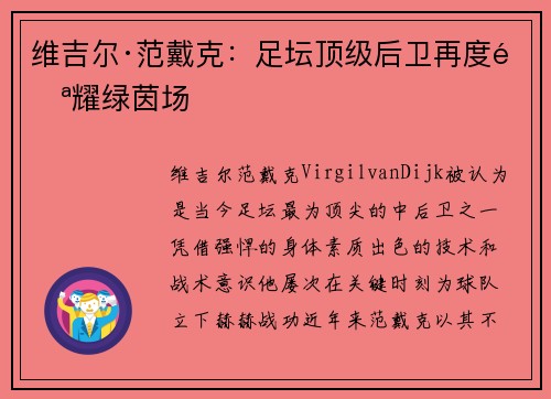 维吉尔·范戴克：足坛顶级后卫再度闪耀绿茵场