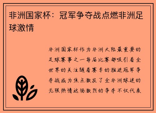 非洲国家杯：冠军争夺战点燃非洲足球激情