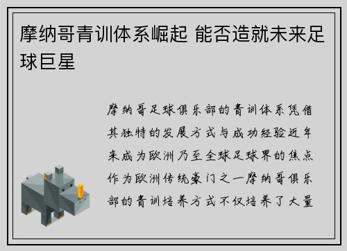 摩纳哥青训体系崛起 能否造就未来足球巨星